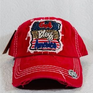 Red Vintage looks Hat with Decorative Patch Baseball Cap God Bless America.